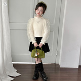 女童2025年春秋新款公主网纱蝴蝶结毛衣女大童灯笼袖木耳边毛毛衣，童装毛衣，祺儿童装