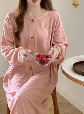 纯棉睡裙女春秋季长袖韩系甜美少女风中长款过膝纯色连衣裙家居服