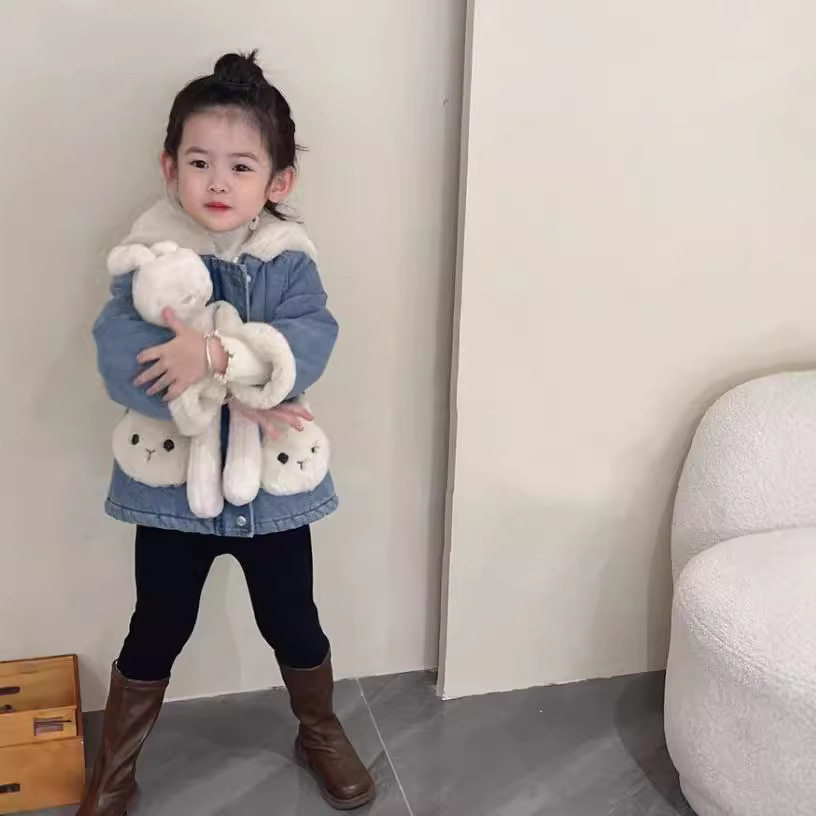 秋冬季新款女童装s时尚加绒牛仔外套中小儿童长袖加厚连帽上衣潮