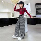 女童条纹裤春秋款2025新款休闲雪尼尔直筒裤中大童垂感阔腿裤长裤，童装裤子，祺儿童装