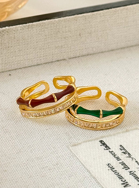 新中式汉服时尚简约滴油竹节戒指女小众设计复古百搭开口戒子指环