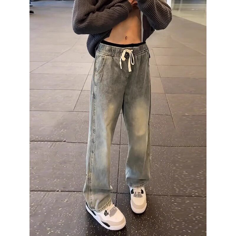 弯刀微喇牛仔裤直筒宽松阔腿美式街裤子潮牌痞帅复古抽绳长裤