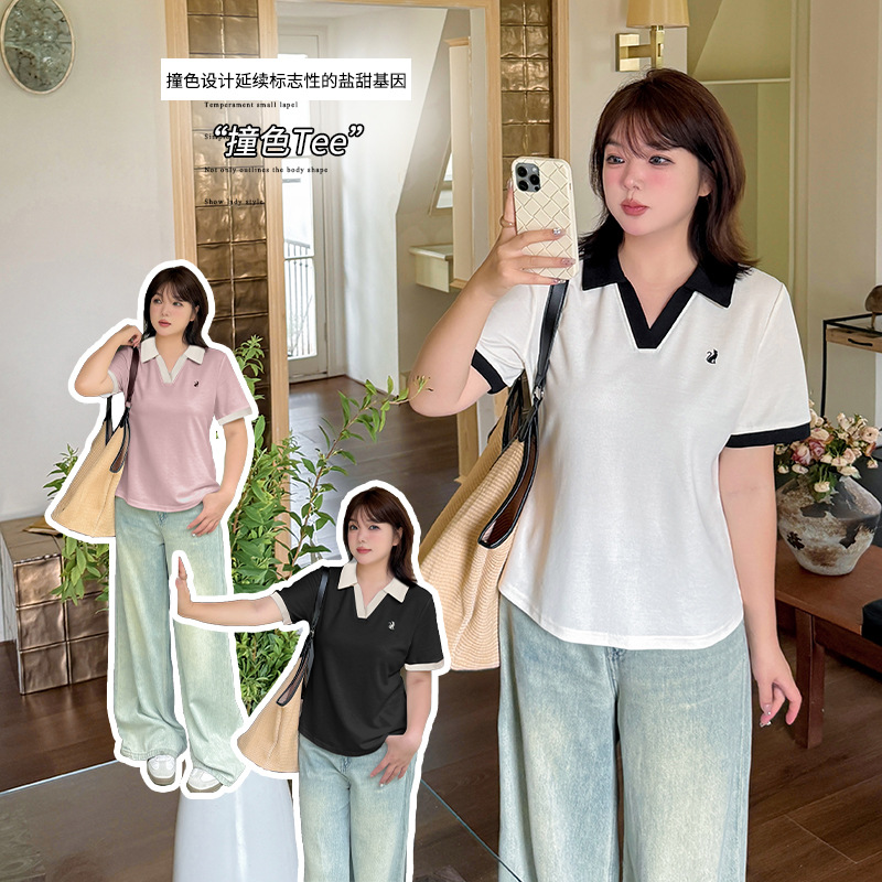 加大码女装撞色polo领短袖T恤2025女夏小猫刺绣显瘦上衣时尚潮流