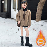 女童加厚毛毛衣2025年秋冬新款双面穿豹纹外套中大童韩系短夹克衫，童装外套，祺儿童装