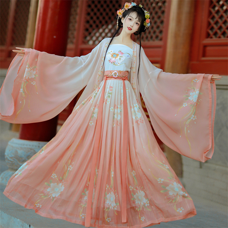 踏花行宋制漸變繡花印花對(duì)襟大袖衫吊帶一片齊腰漢服女