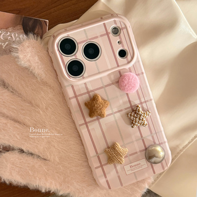 AceCase毛呢粉色立体iphone16苹果17promax适用14手机壳15韩系格纹13小众12少女11