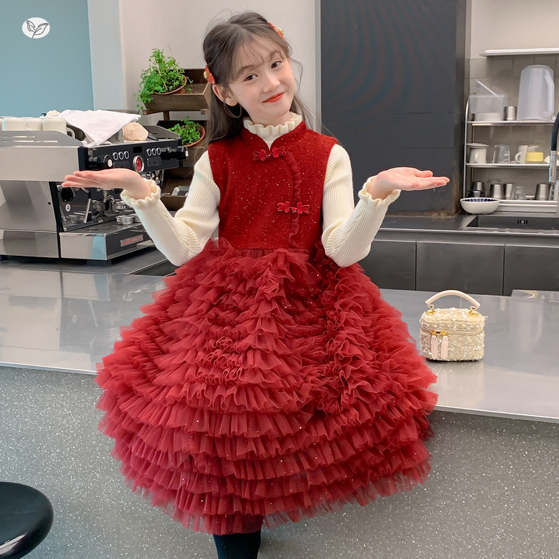 女童2025年冬季新款中式盘扣花边公主裙女大童加绒保暖表演服礼服，童装连衣裙，祺儿童装