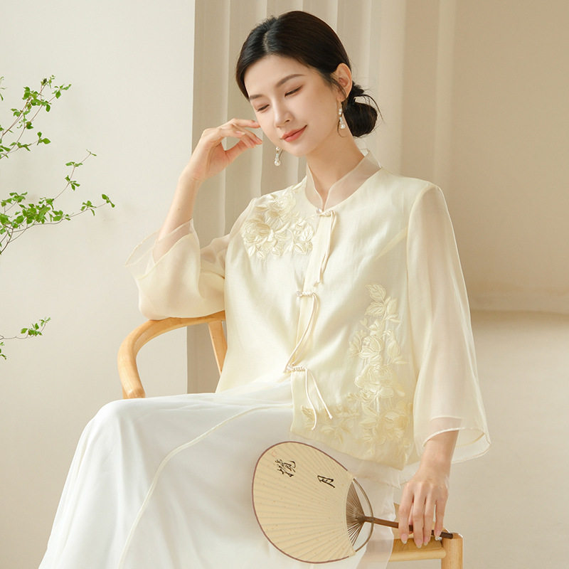 显气质汉服新中式国风精美绣花外套禅意茶艺师短款上衣禅茶服女装