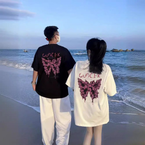 美式街纯棉男女同款短袖圆领T恤衫蝴蝶字母印花情侣款春秋季半袖