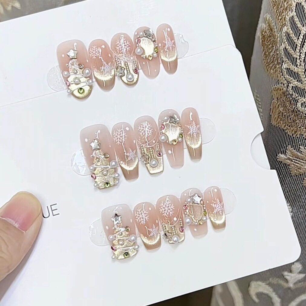 奈姿 纯手工光疗穿戴甲金色圣诞成品重复使用美甲贴片可拆卸