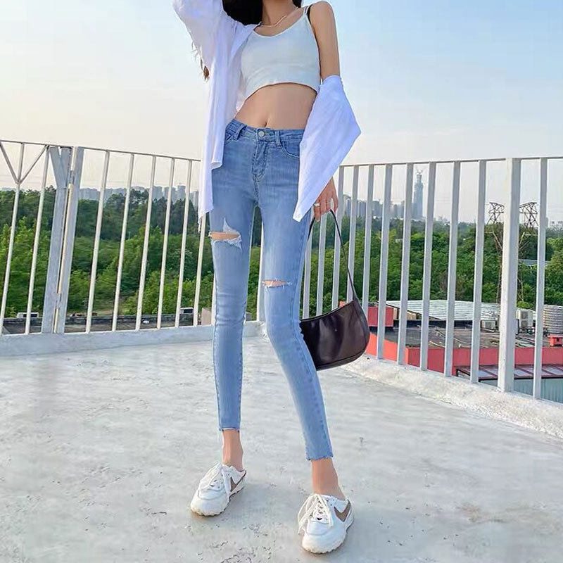 破洞牛仔小脚裤女夏季薄款网红腰显瘦弹力紧身毛边九分铅笔裤子