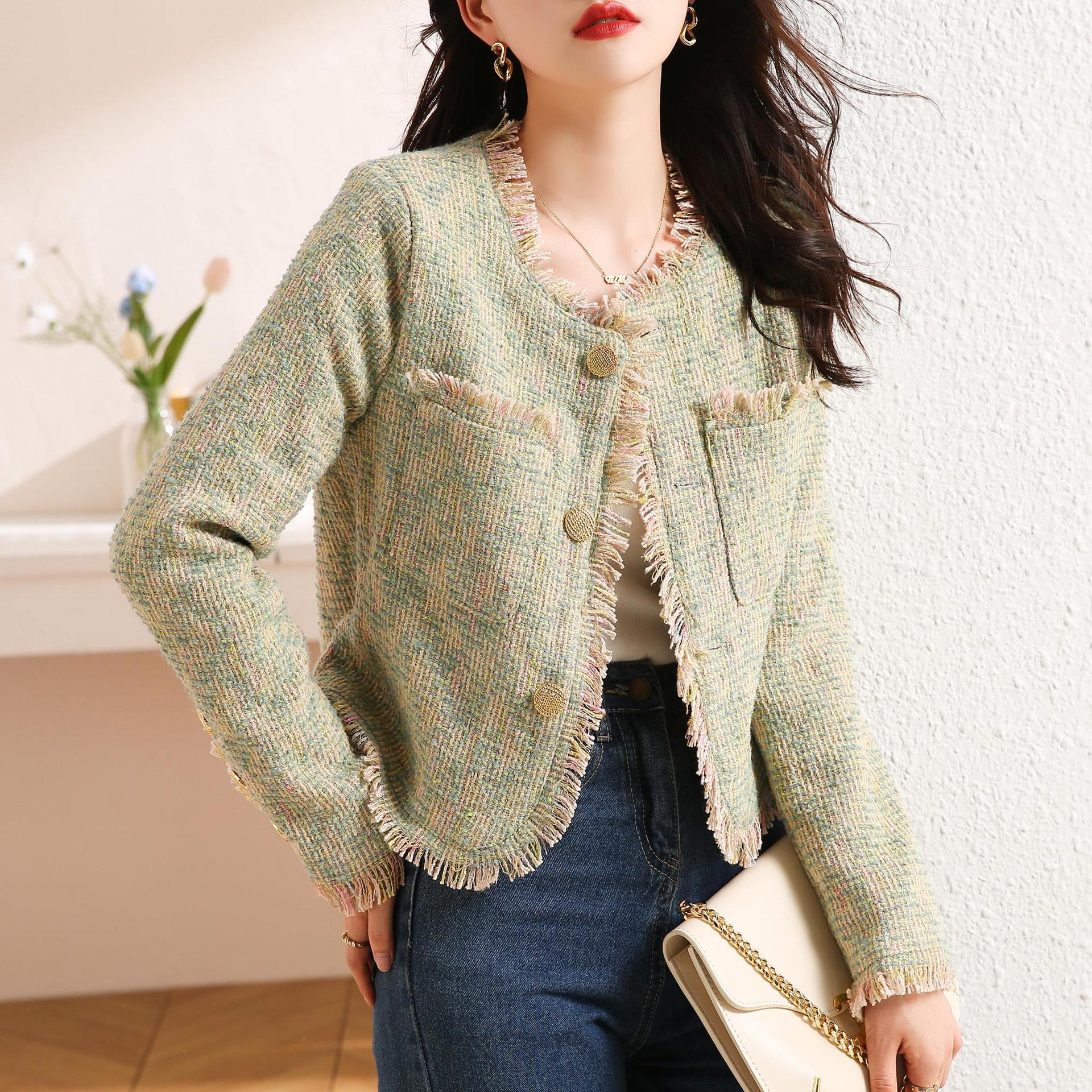 小香风粗花呢长袖外套女装秋季2025新款流苏设计感短款感上衣