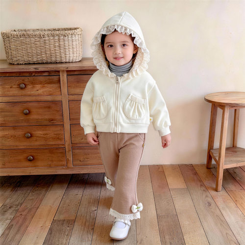 韩版春秋款上衣婴幼儿外套女宝宝花边碎花帽兜连帽衫卫衣短款外套