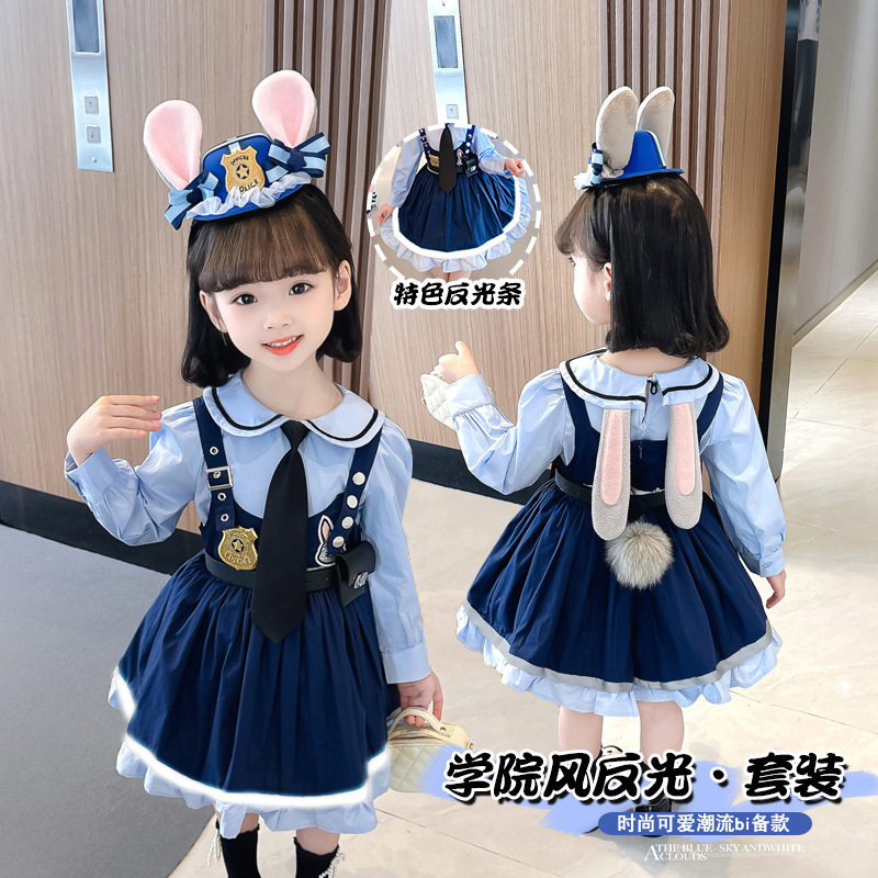 2023春季新品女童兔子警察卡通双肩背带裙衬衫套装两件套韩版洋气