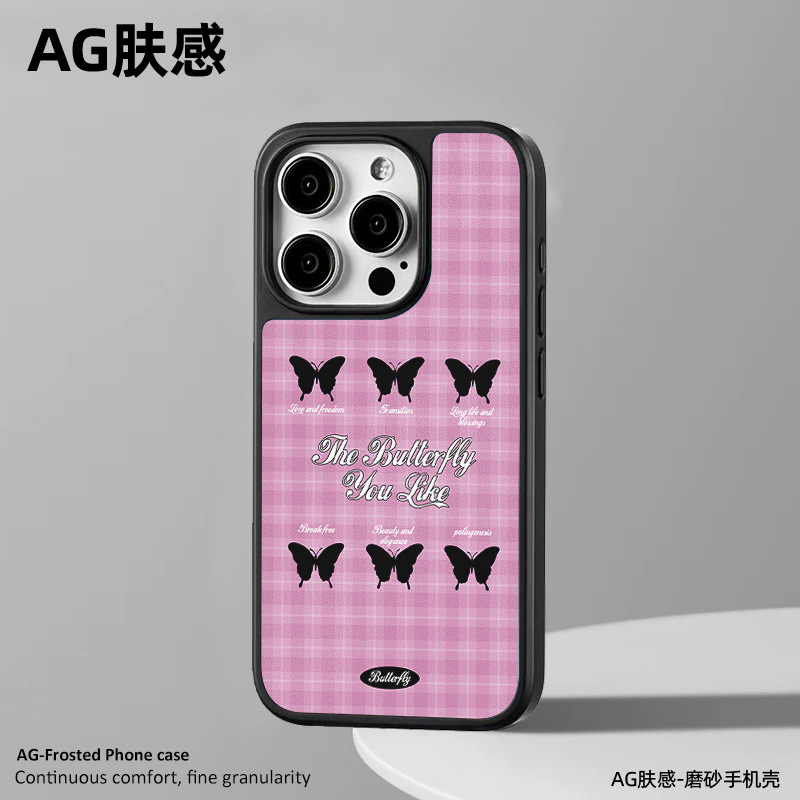 苹果16手机壳15磁吸AG磨砂碳纤纹in风iPhone14Promax适用17女粉色蝴蝶图案