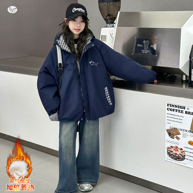 女童2025年冬季新款前片格子布拼接蝴蝶结棉袄女大童冬装加绒外套，童装棉衣，祺儿童装