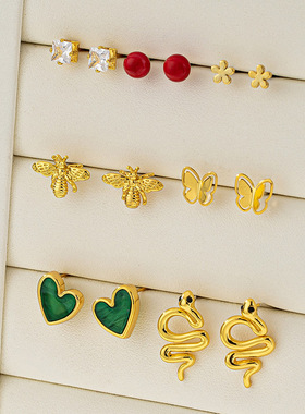 18K珐琅滴油红爱心不规则多件套绿色耳钉时尚优雅轻奢百搭小巧迷