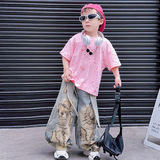 童短袖套装2025夏季新款牛仔裤阔腿裤工装裤烧花T恤上衣两件套，商品下架区，祺儿童装