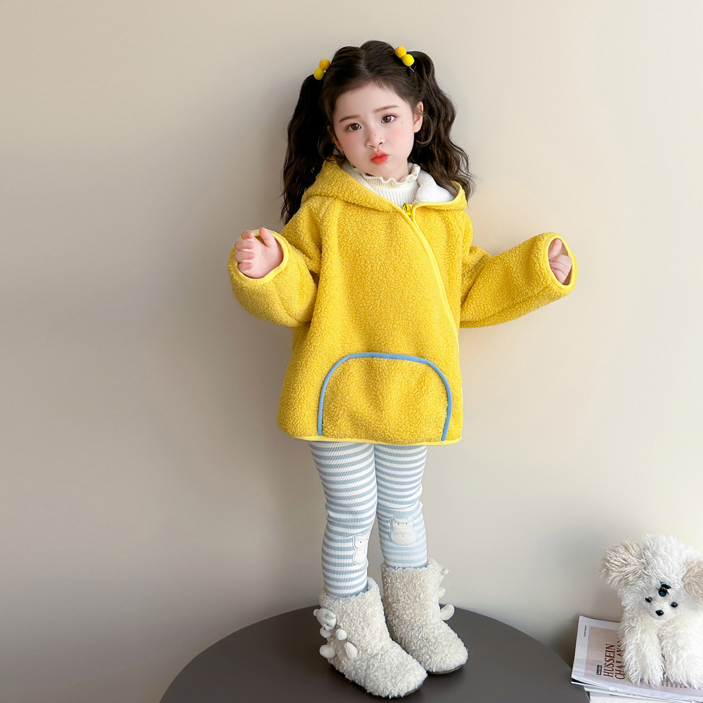女童可爱星星毛毛衣冬季2025新款韩系儿童加绒加厚外套打底裤套装，童装休闲套装，祺妙童装