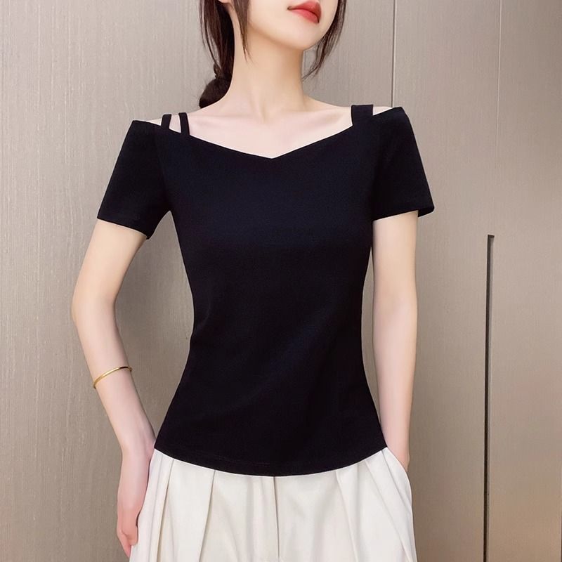 纯棉一字露肩短袖T恤女设计感双肩带显瘦露背上衣2025夏季新款
