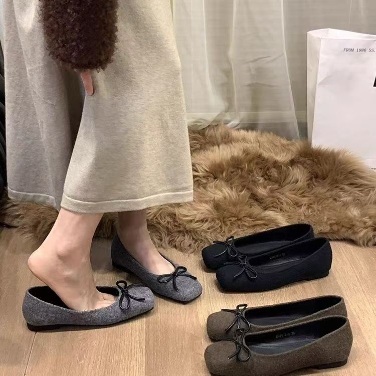 蝴蝶结平底跟豆豆单鞋晚晚鞋方头