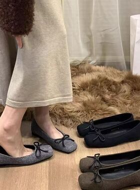 平底方头蝴蝶结豆豆单鞋女鞋子2026新款春秋冬法式绒面温柔晚晚鞋