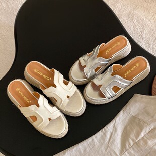 文艺复古一字厚底坡跟编织凉拖鞋 6cm 女夏外穿 新款 葡萄妈夏季