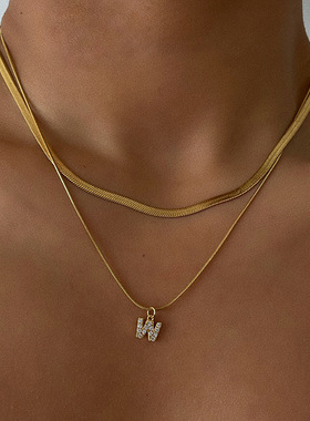 欧美闪钻叠戴字母项链钛钢