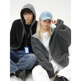 复古潮牌情侣针织衫 STORE质感毛绒假两件毛衣连帽秋冬款 JAY