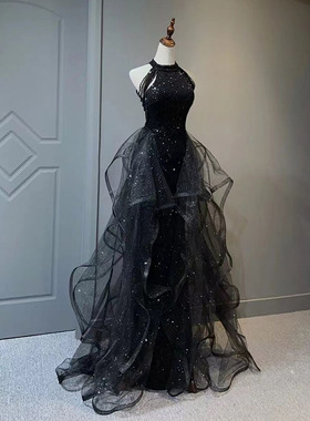 黑色晚礼服女2025新款轻奢小众端级感拖尾生日派对主持成人礼