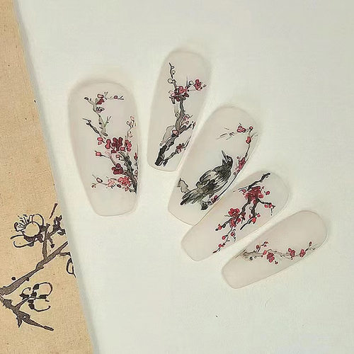 中式国风美甲片磨砂指甲片穿戴甲可拆卸美甲贴片中长T芭蕾甲24片