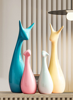 摆件酒柜卧室内房间马卡龙动物陶瓷摆设工艺品色系鹿形色鹿角白瓷