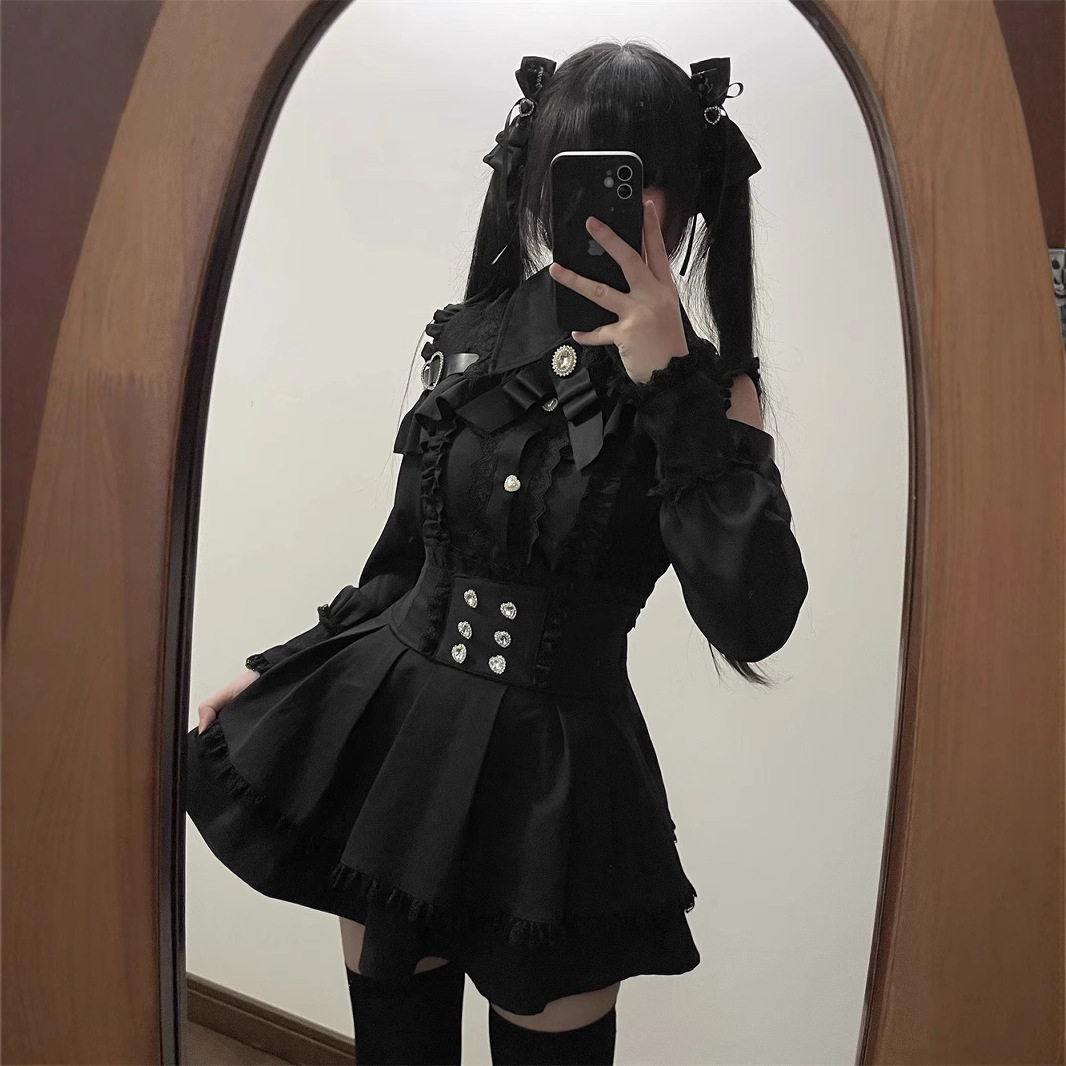甜心邂逅暗黑量产型少女多色露肩衬衫+腰半裙两件套套装