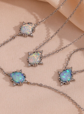 2023欧美时尚复古爆款手链不锈钢微镶水滴状澳石吊坠项链女