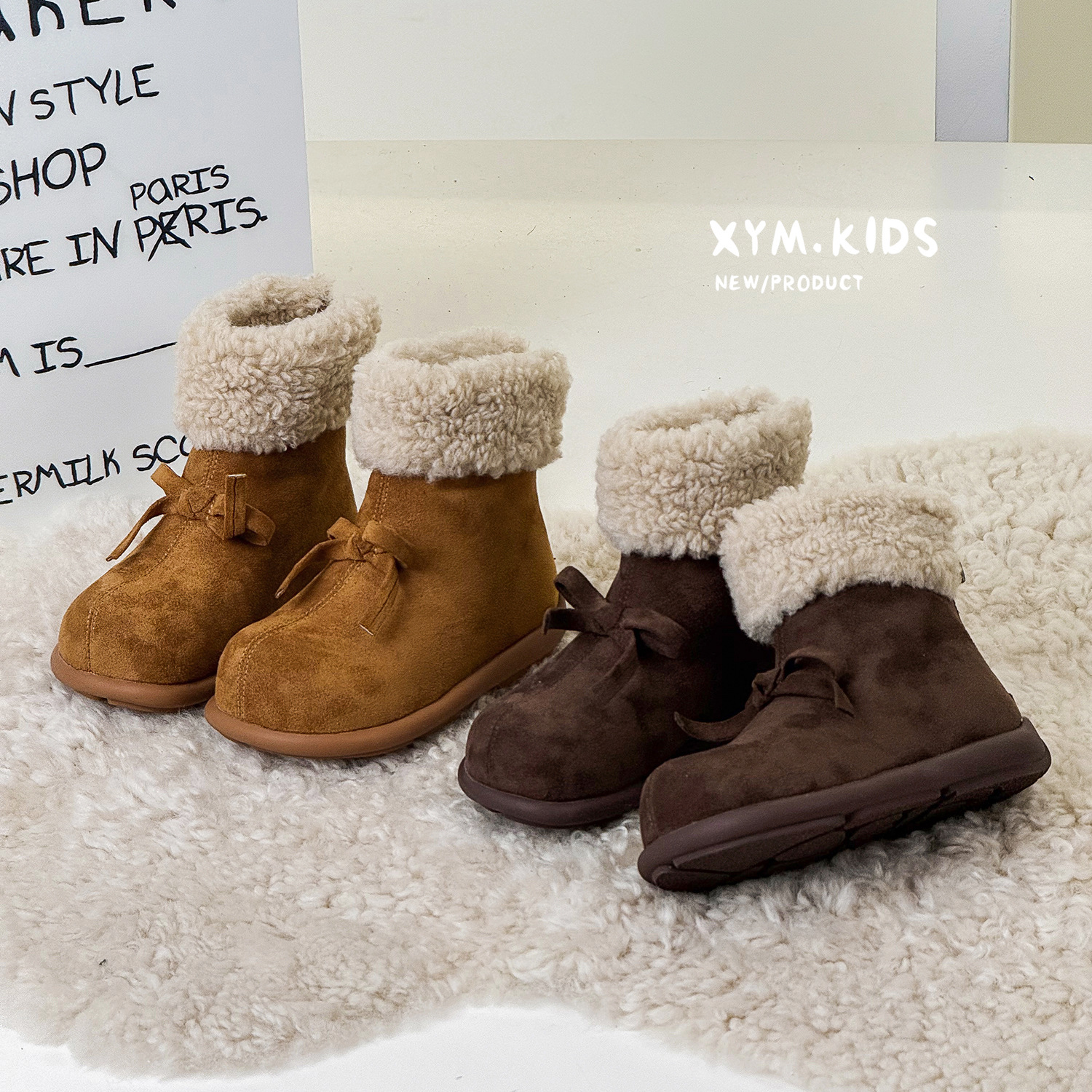 2025冬儿童二棉靴子韩版蝴蝶结仿羊羔毛加绒短靴豆沙棕女童棉靴36
