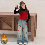 女童秋冬加绒牛仔裤2025新款小马刺绣阔腿裤中大童休闲直筒裤长裤，童装裤子，祺儿童装