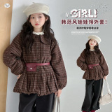 女童秋冬套装2025年新款中大童韩系花边毛呢外套阔腿直筒裤两件套，童装外套，祺儿童装