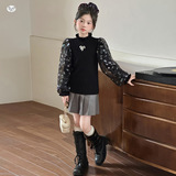 女童2025年春秋新款公主网纱蝴蝶结毛衣女大童灯笼袖木耳边毛毛衣，童装毛衣，祺儿童装