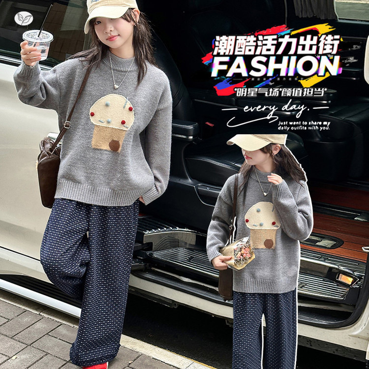 女童毛衣套装2025秋冬新款休闲针织衫波点裤两件套中大童加厚冬装，童装毛衣，祺儿童装