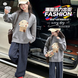 女童毛衣套装2025秋冬新款休闲针织衫波点裤两件套中大童加厚冬装，童装毛衣，祺儿童装