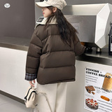 女童2025年冬季新款格子双领咖色小羊皮棉衣中大童冬加绒保暖棉服，童装棉衣，祺儿童装