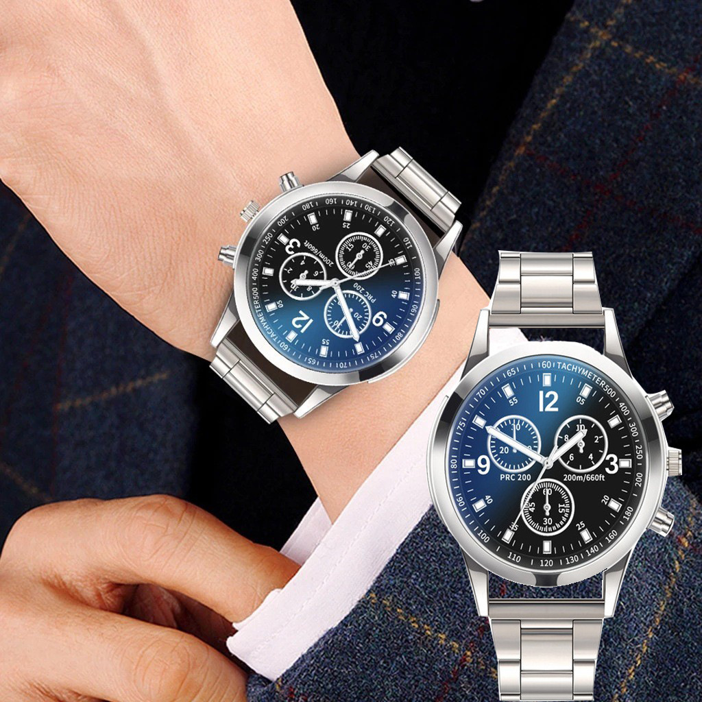 爆款跨境炫彩蓝光玻璃三眼钢带手表  石英表礼品士手表