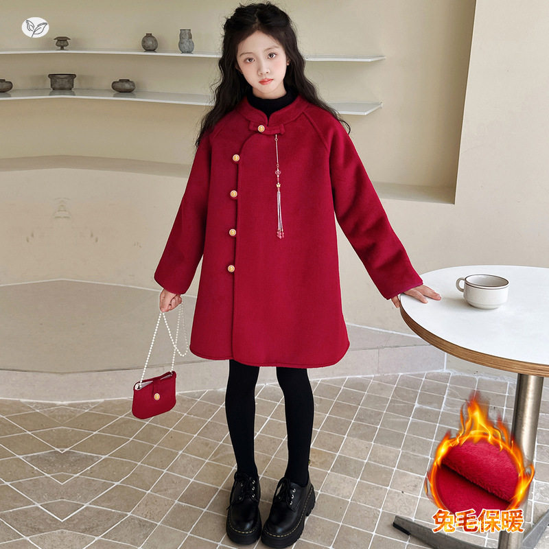 女童2025年冬季新款年服新中式盘扣加绒毛呢大衣女大童风拜年服，童装外套，祺儿童装