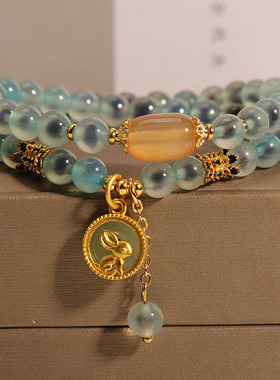 糖心蓝色玛瑙双圈手链女小众设计轻奢复古玉兔多层手串送闺蜜礼物