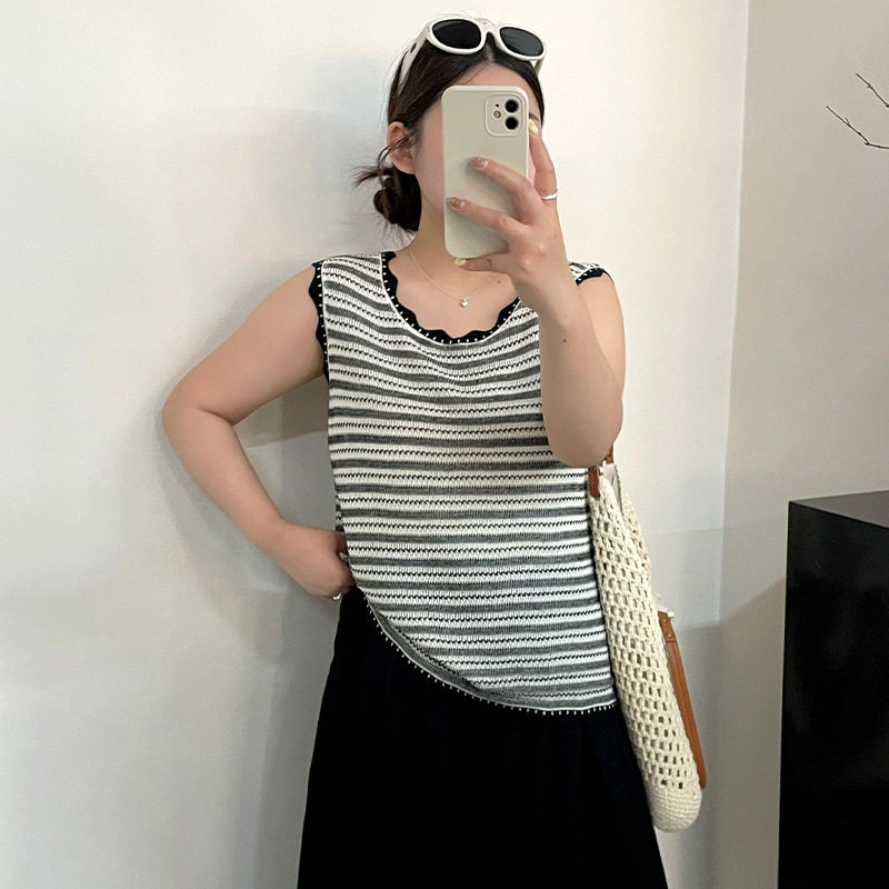 大码女装外穿设计感条纹针织背心女2026夏胖mm休闲内搭吊带V23928