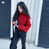 女童2025秋冬新款新年红拉链毛线衣圆点毛线喇叭裤女大童复古穿搭，童装毛衣，祺儿童装