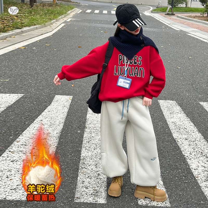 女童2025冬季新款时尚围脖卫衣年服弯刀裤套装女大童冬季户外加绒，童装休闲套装，祺儿童装