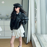 女童皮衣外套2025年秋季新款中大童短款翻领夹克衫春秋外出上衣潮，童装夹克，祺儿童装