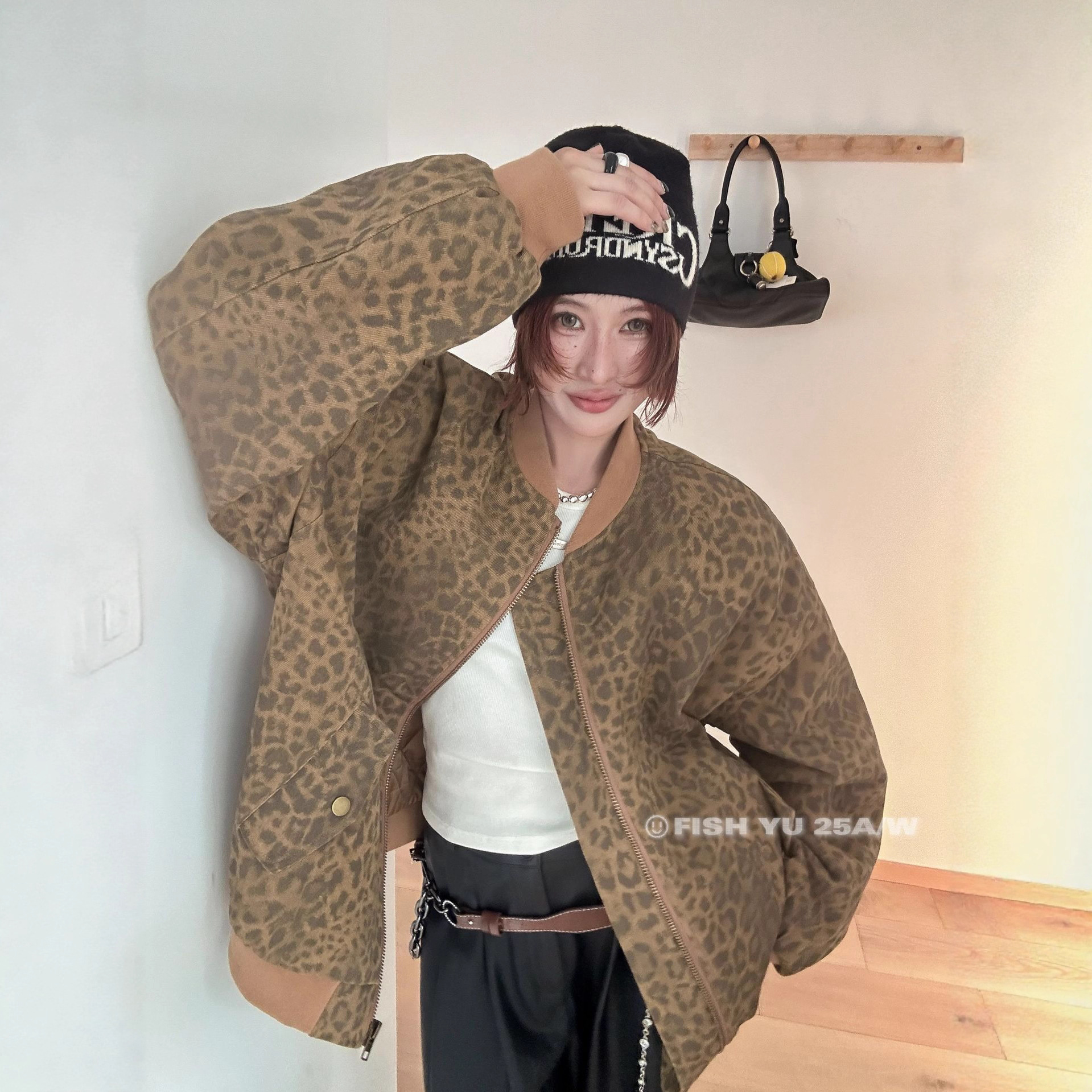 FISHYU冬季新款美式复古野性豹纹水洗牛仔夹棉棒球服男女保暖外套