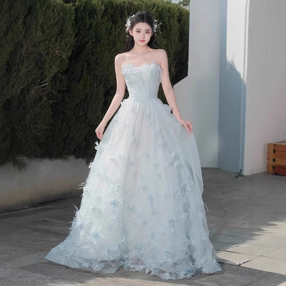 蓝色花朵晚礼服裙女2026新款级感轻奢端成人礼艺考轻婚纱新娘款